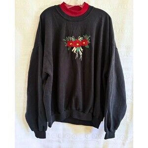 Vintage Poinsettia Christmas Sweatshirt Embroidered Mock Neck Grandma Crewneck